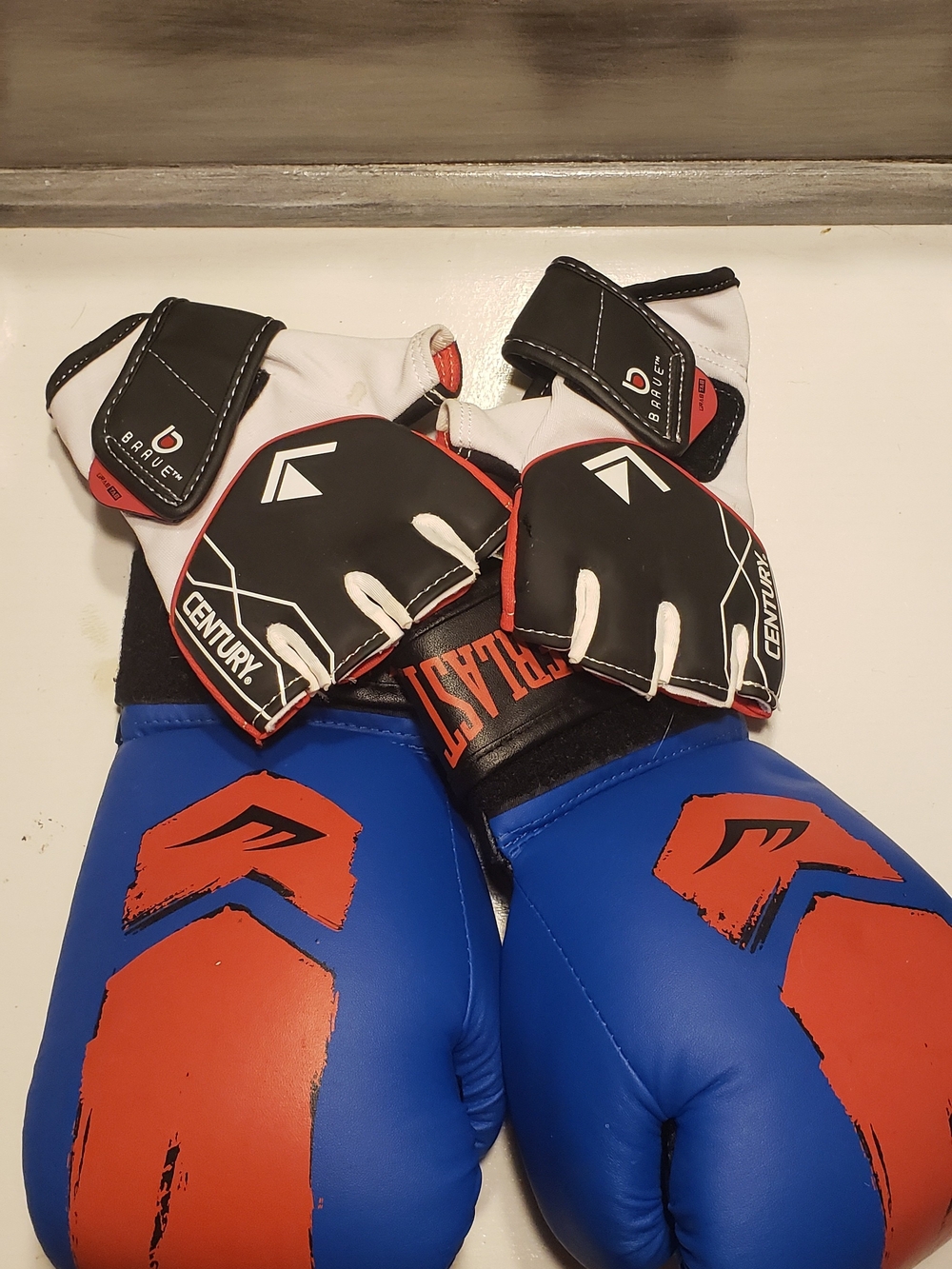 Everlast Blue and Red Boxing Gloves with Black and White Training Mitts